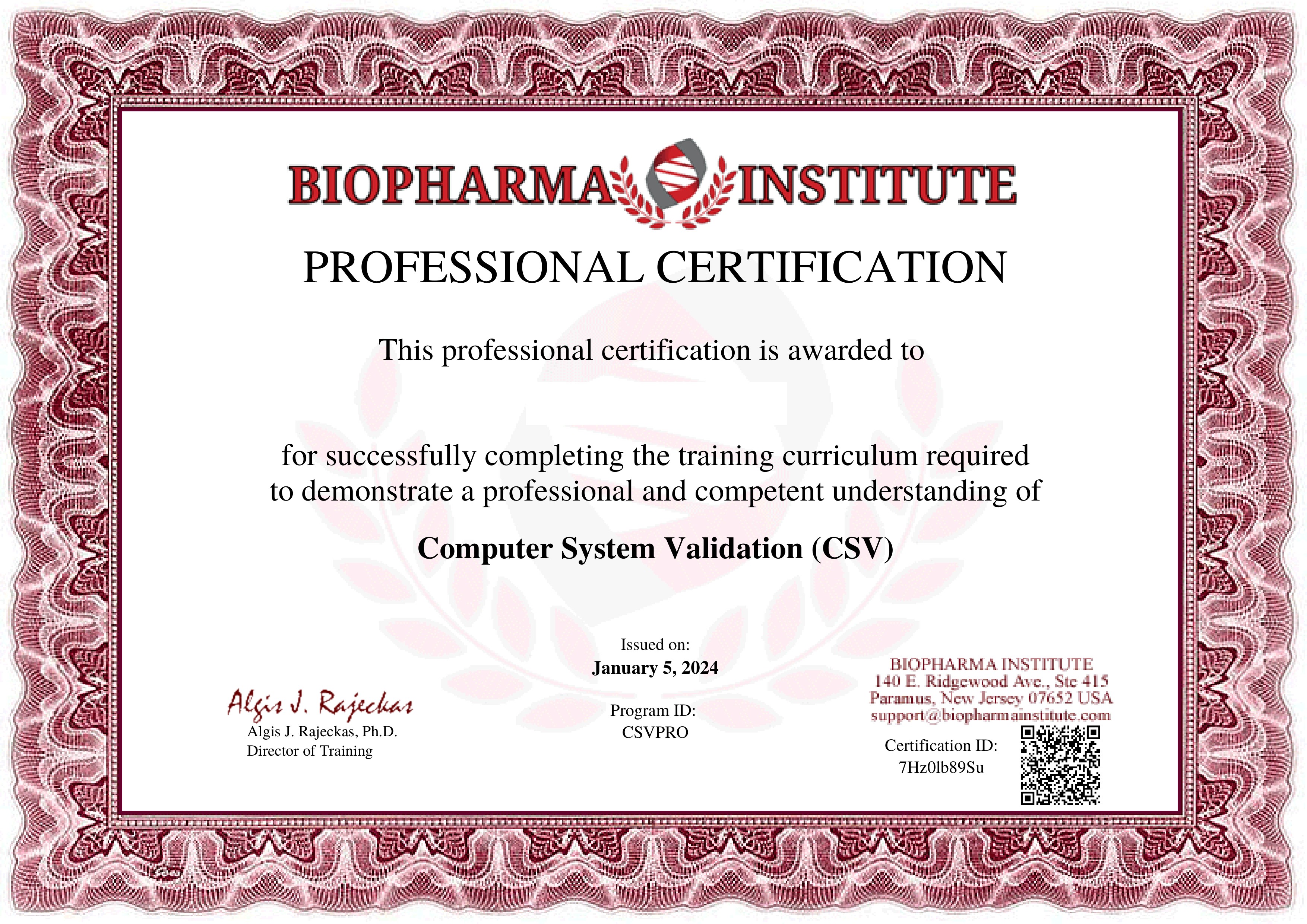 Computer System Validation (CSV) professional certification